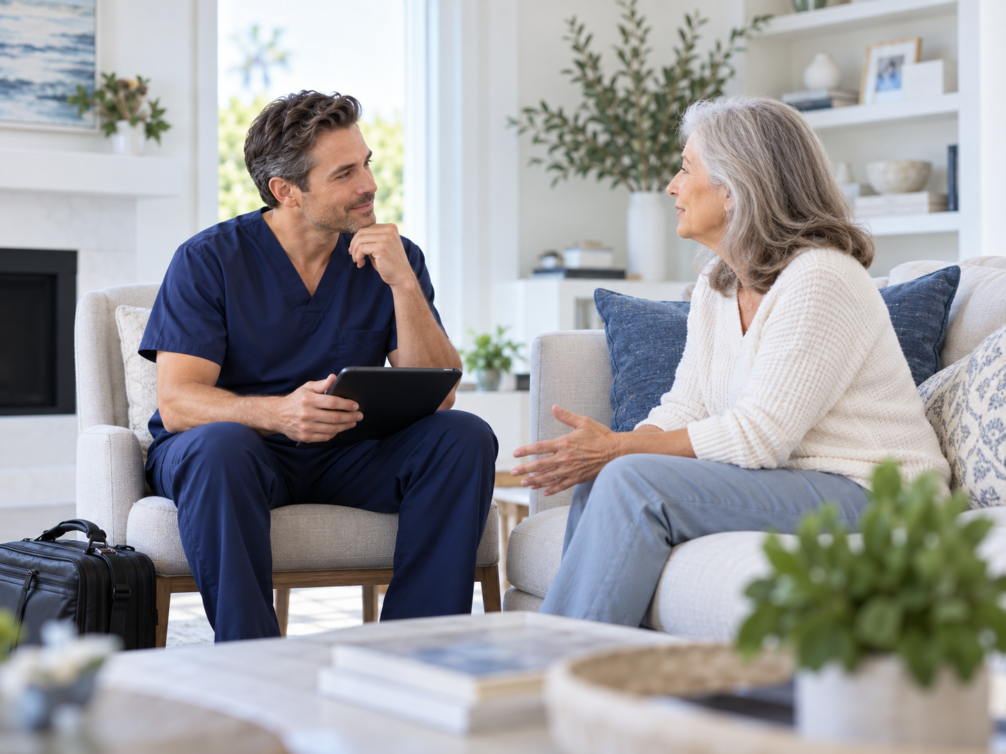Illustration: a clinician with a tablet talking with an older woman in her living room.