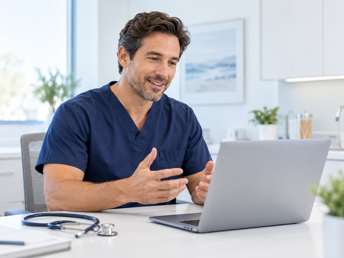 Illustration: a clinician in navy scrubs talking with a patient on a laptop video call.