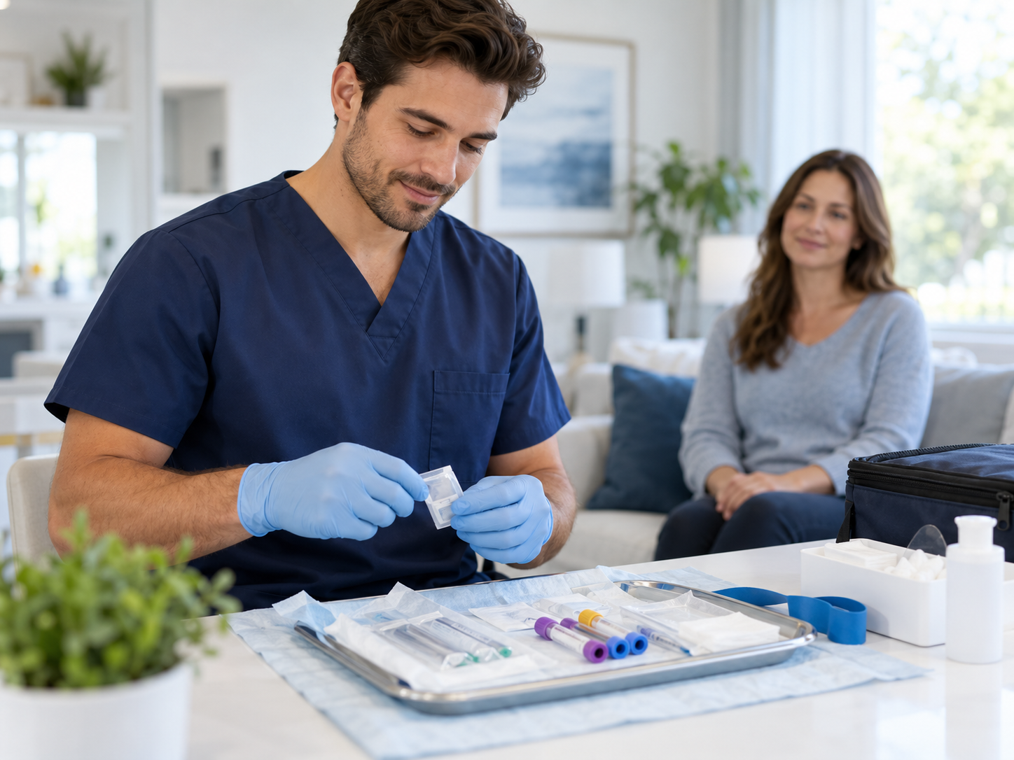 Illustration: a gloved clinician preparing blood-collection supplies at a home table while a woman waits nearby.